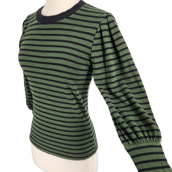 SALE DKNY Jeans Green Black Stripe Mutton Sleeve Pullover Knit Top Sweater Small - Picture 1 of 6